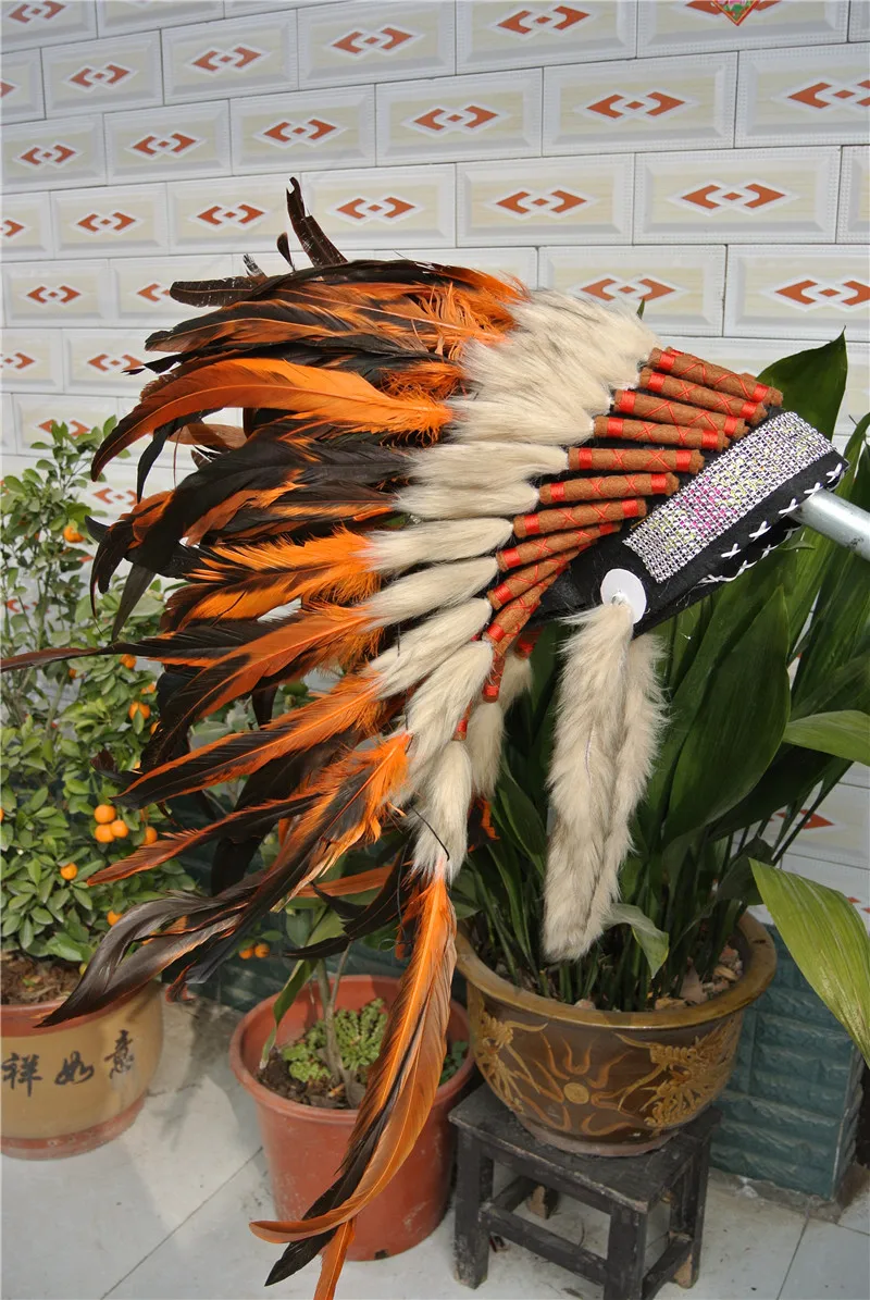 

Orange Indian feather Headdress handmade American halloween costume indian War Bonnet halloween costume supply