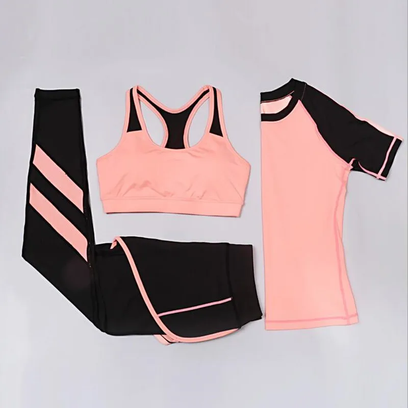 Женский комплект из трех предметов для фитнеса и йоги, спортивные лосины, спортивные эластичные спортивные костюмы, бюстгальтер+ рубашка+ Леггинсы для йоги - Цвет: Sports suit 4