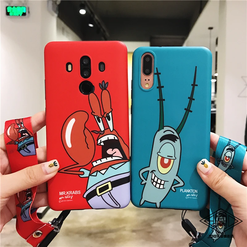 

Mate10pro cartoon Case, Cute Soft back phone cover For huawei Honor 10 /mate10 /P20 pro SpongeBob Mr.Krabs matte case + strap
