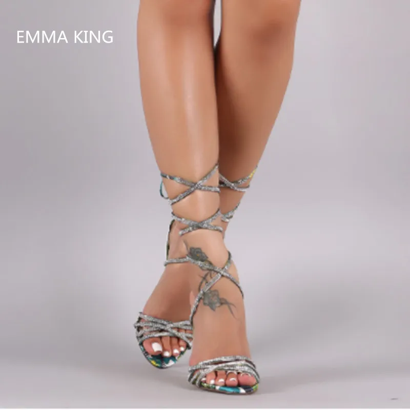 

Print Lace Up Sexy High Heels Sandals Women Stiletto Heels Hollow Ladies Shoes Cross-tied Mixed Colors Fashion Sandalias Mujer