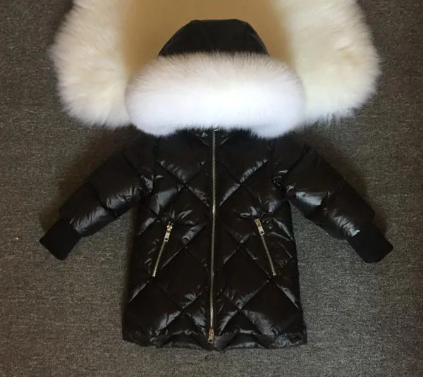 Новая зимняя плотная пуховая куртка с воротником из натурального меха енота для девочек длинное пуховое пальто Высокое качество - Color: black White fox fur