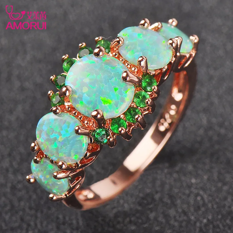 AMORUI Trendy Green AAA Zircon Opal Wedding Rings For Women Rose Gold May Birthstone Ring Women Jewelry Gift Dropshipping