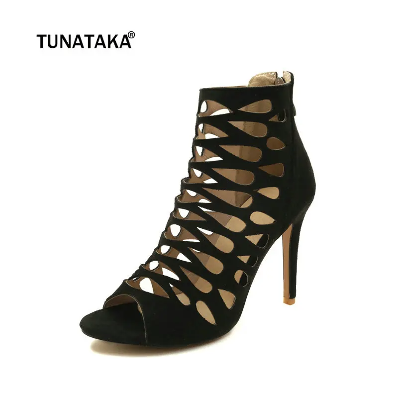 

Women Summer Ankle Boots Fashion Peep Toe Thin High Heels Zipper Party Shoes Black Brown Purple