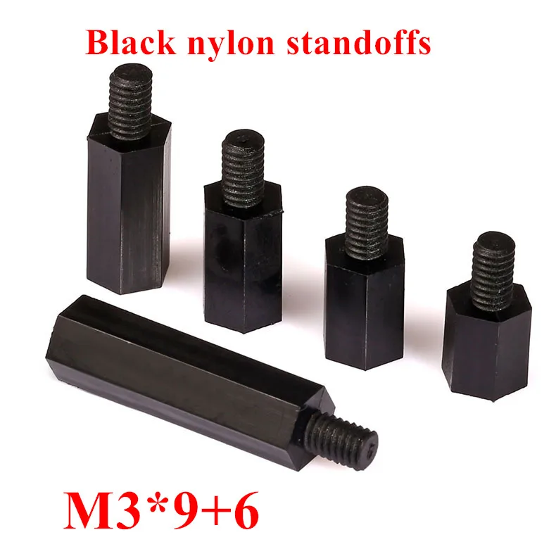 500pcs M3*9+6 female Black Hex Nylon Standoff Spacer Column, Thread M3