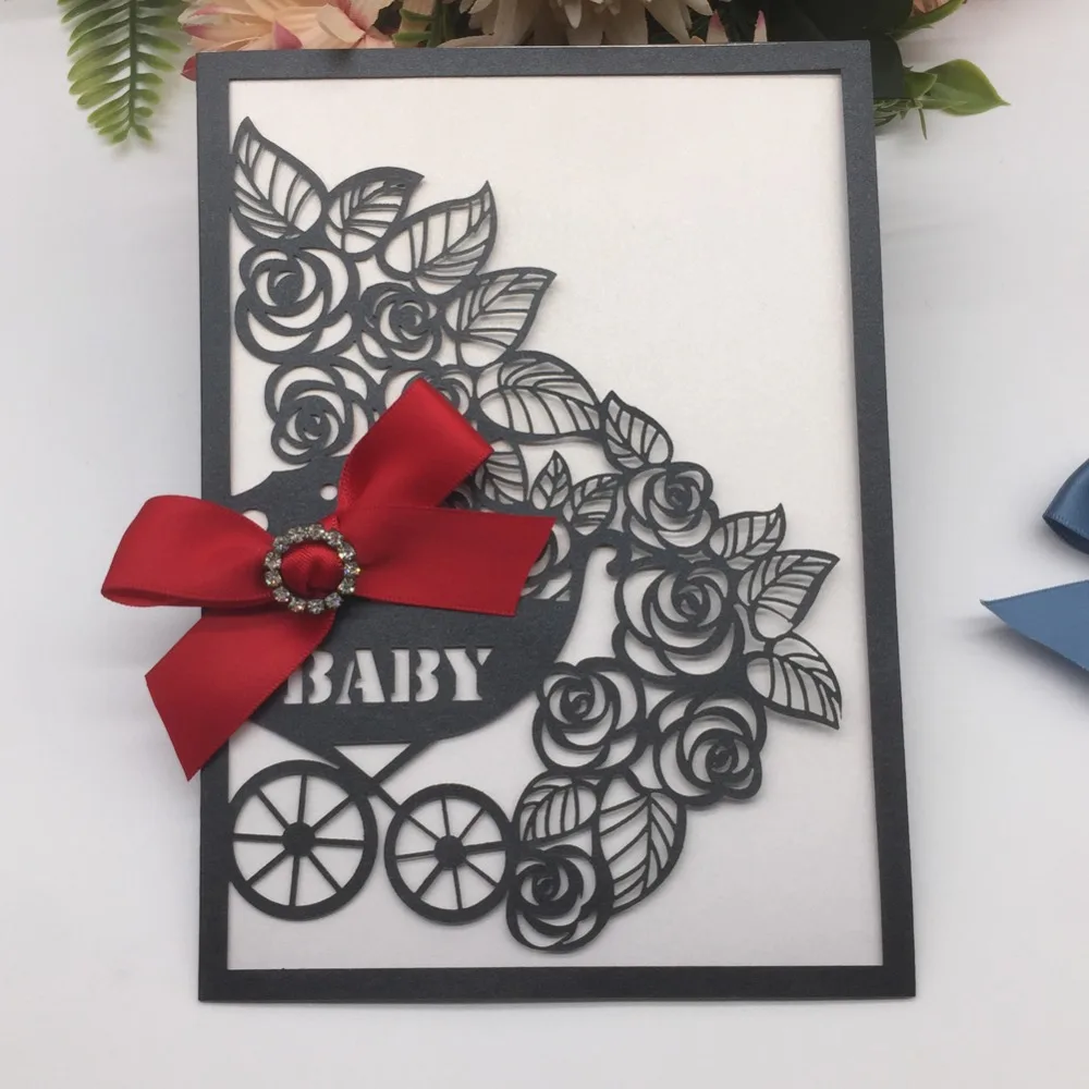 50 шт. лазерная резка Baby Shower Пригласительные открытки с бантом детская карета узор день рождения пригласительные открытки Добро пожаловать