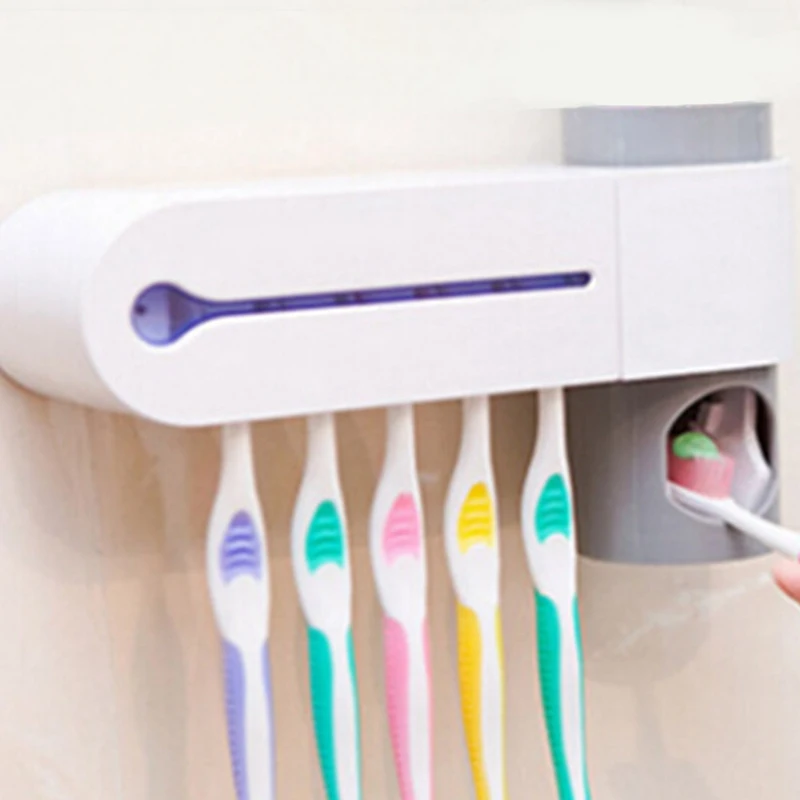 Toothbrush Cleaner Sanitizer sterilizer holder + Automatic Toothpaste Dispenser device box Oral