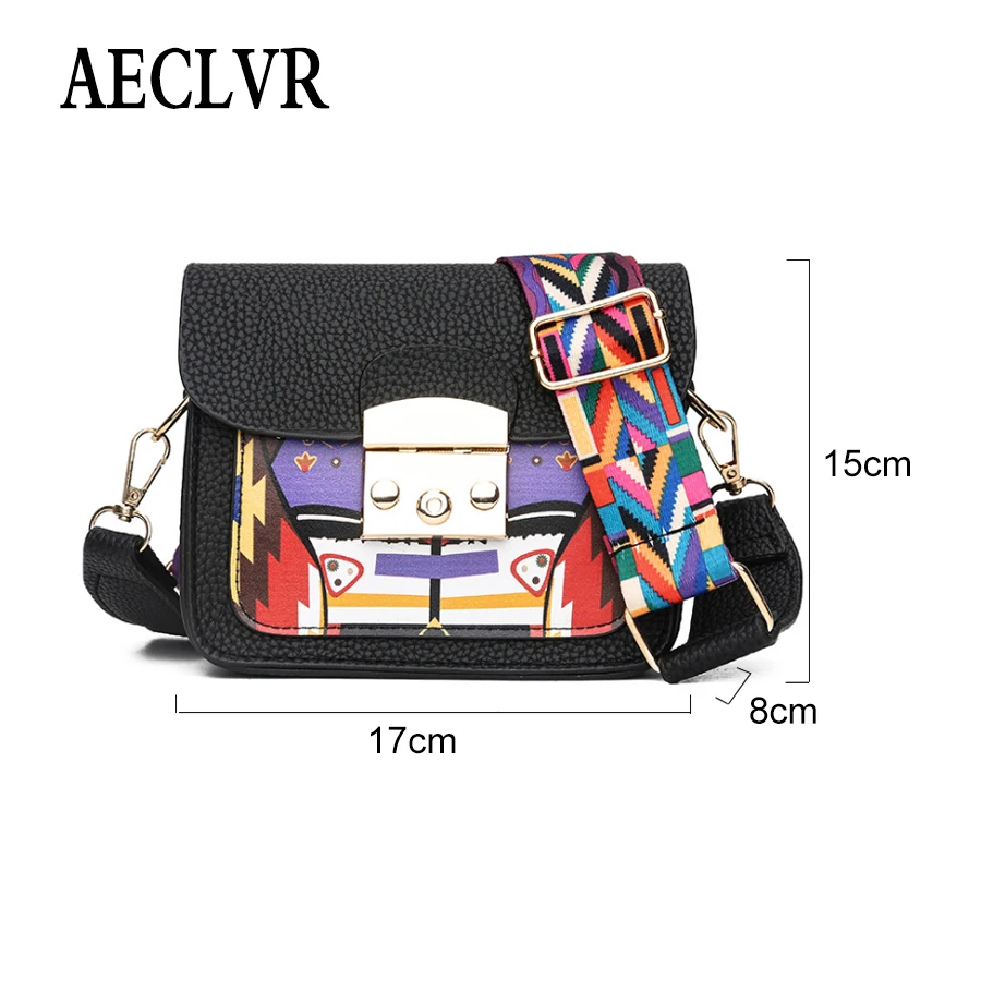 AECLVR الإبداعية الطباعة بو الجلود النساء Crossbody أكياس جميلة الملونة واسعة قطاع حقيبة كتف كل مباراة السيدات رفرف