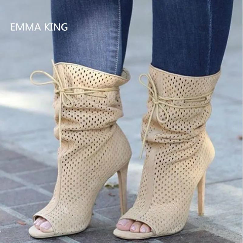 

Autumn Spring Women High Heels Boots Peep Toe Stiletto Heels Roman Boots Gray Mesh Pleated Sexy Short Boots Lace Up Botas Mujer