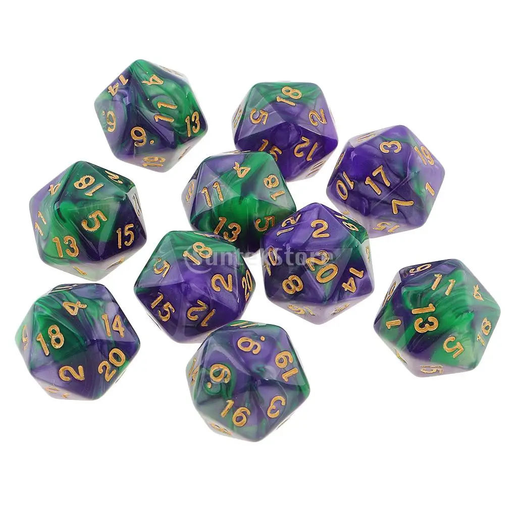 10pcs 20 Sided Dice D20 Polyhedral for Dungeons and Dragons Table Games Green Purple | Спорт и развлечения
