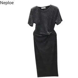 Neploe/лето 2019, женское платье, новинка, необычный дизайн талии, Vestidos, корейский стиль, свободный, круглый вырез, короткий рукав, до середины