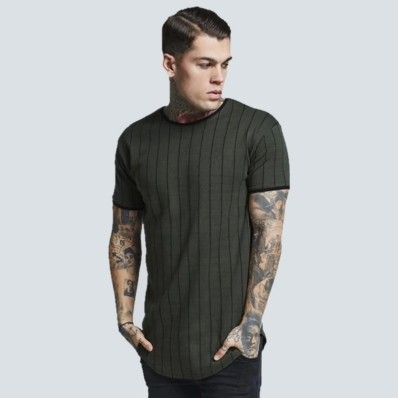 EBAIHUI European and American Men's Stripe Tshirt Summer Stitching Man Black Tshirt Slim Fit Army Green Cotton Tee for Man PT14