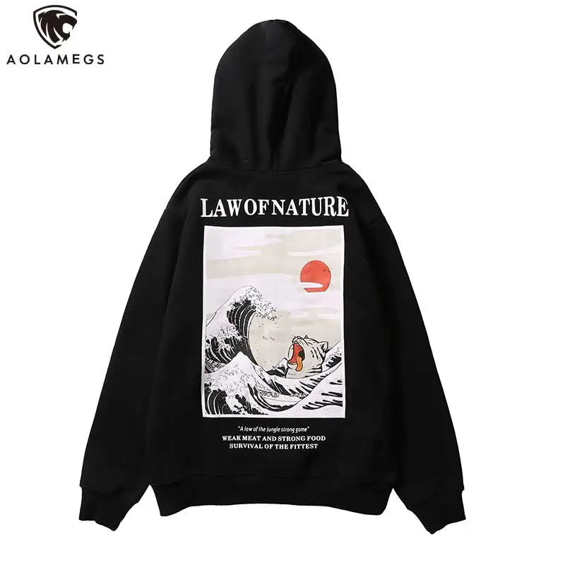  Aolamegs Hoodies Men Japanese Funny Cat Wave Hooded High Street Thick Pullover Sweatshirt Men Fleec