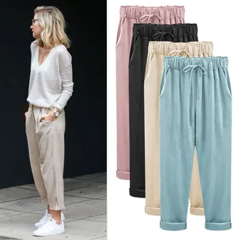 

Hodisytian New Fashion Women Linen Pants Thin Summer Style Pencil Pants Slim Trousers Casual Harem Pants Candy Color Plus Size