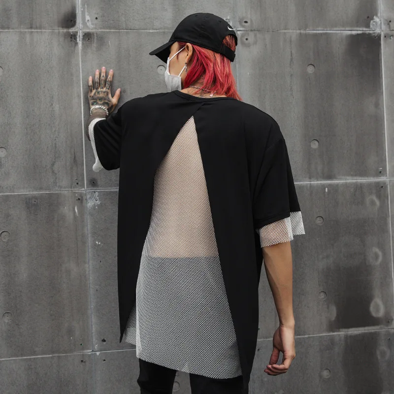 

Men Short Sleeve Mesh Spliced T Shirt Male Streetwear Hip Hop Punk Gothic Casual Fashion Tshirt Tees Shirts Stage Show Clothing
