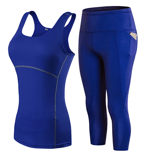 YD женский спортивный костюм для занятий йогой, спортивный костюм для женщин, леггинсы для фитнеса, обтягивающие штаны для бега, Женский Топ без рукавов - Цвет: Синий