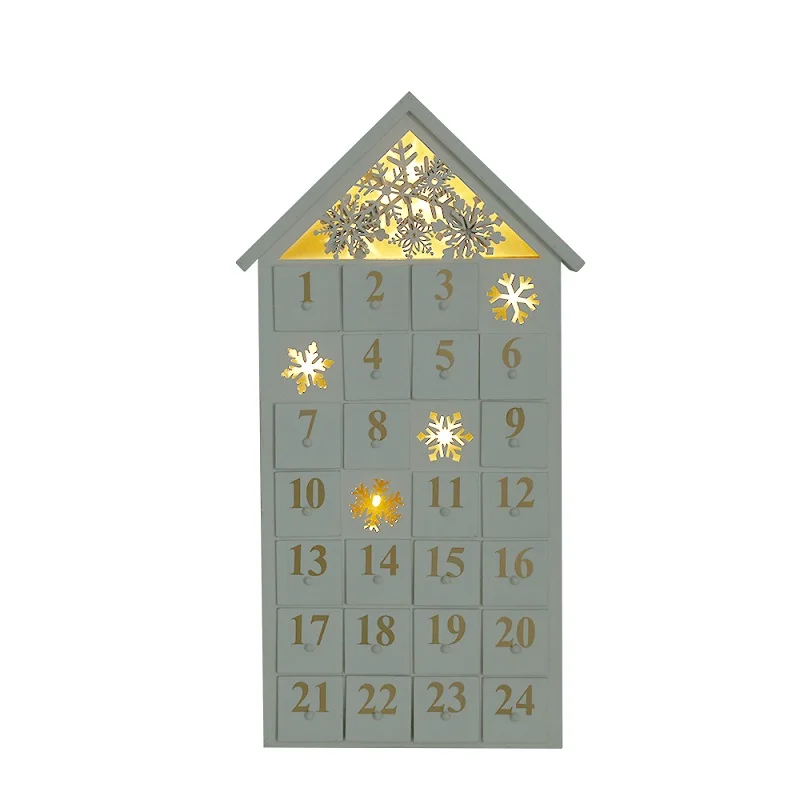 

christmas wooden snowflake advent calendar house with LED lighting and design of falling snow with 24 drawers in white colour