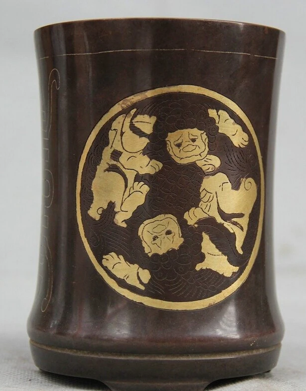 

Elegant old S2070 5 Chinese Dynasty Palace Purple Bronze 24K Gold Gilt Brush Pot pencil vase statue (A0322) A0403