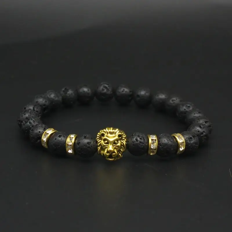 

Cute Bear Brand Lion Head Bracelet Men Black Matte Volcano Lava Stone Bracelet Red Turquoises Beaded Bracelets For Women Jewelry