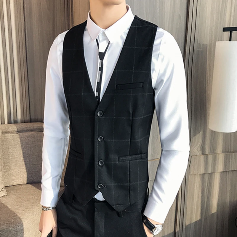Men'S Fashion Trend Short V-Neck Single-Breasted Slim Suit Vest Party Casual Wedding High-Quality Plaid Vest Men'S Fashion Trend Short V-Neck Single-Breasted Slim Suit Vest Party Casual Wedding High-Quality Plaid Vest
