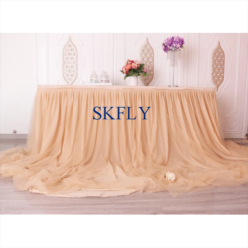 CL072E made long drape new wedding taffeta chiffon tulle ruffled champagne table skirt