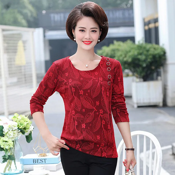 

bottom shirt tops women t-shirts 2019 spring fall new casual plus size middle age mother tshirt pullover o-neck print femme tee