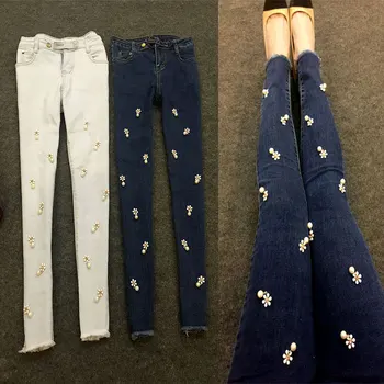 

plus size 26-32!Handmade flower rhinestone pearl jeans women stretch ankle length skinny pencil jeans ankle length