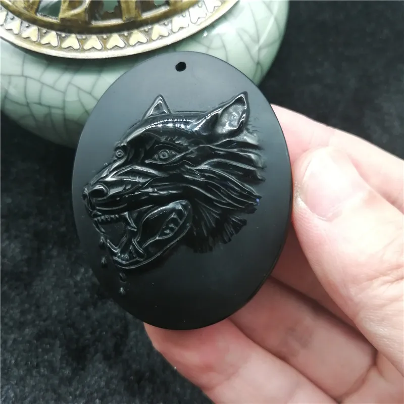 Drop Shipping Black Obsidian Wolf Necklace Carving Wolf Head Amulet Pendant With Chain Obsidian 