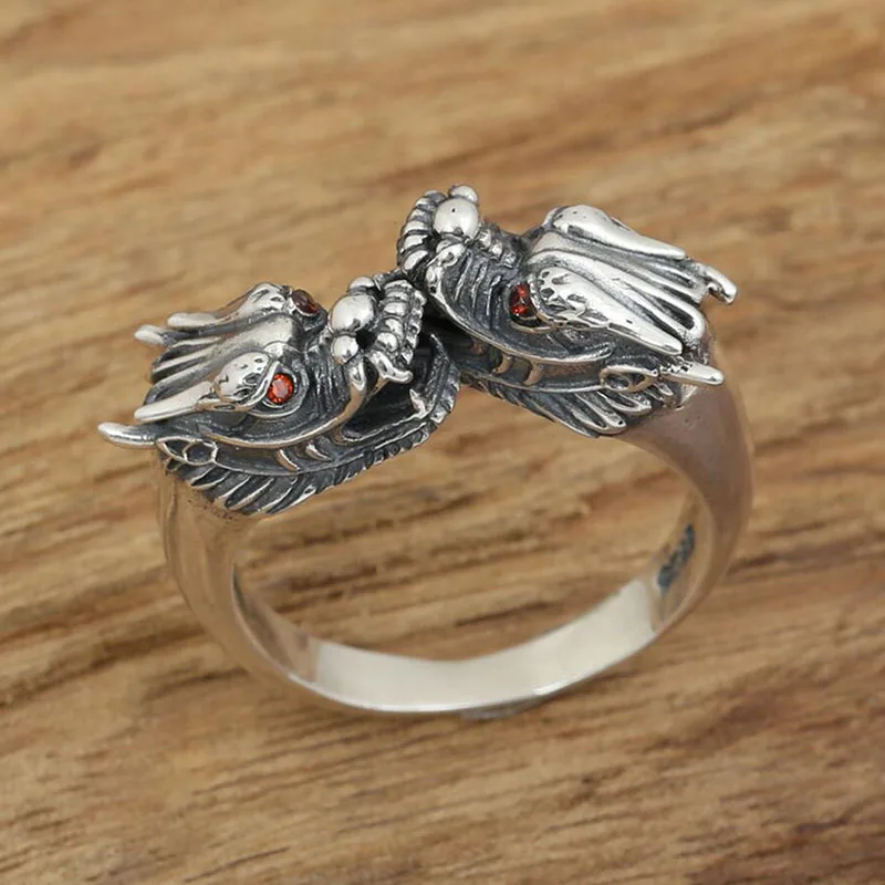 Регулируемое кольцо 925 пробы Серебряное кольцо Ретро тайский серебряный красный глаз дракон для женщин мужчин ювелирные изделия GR031
