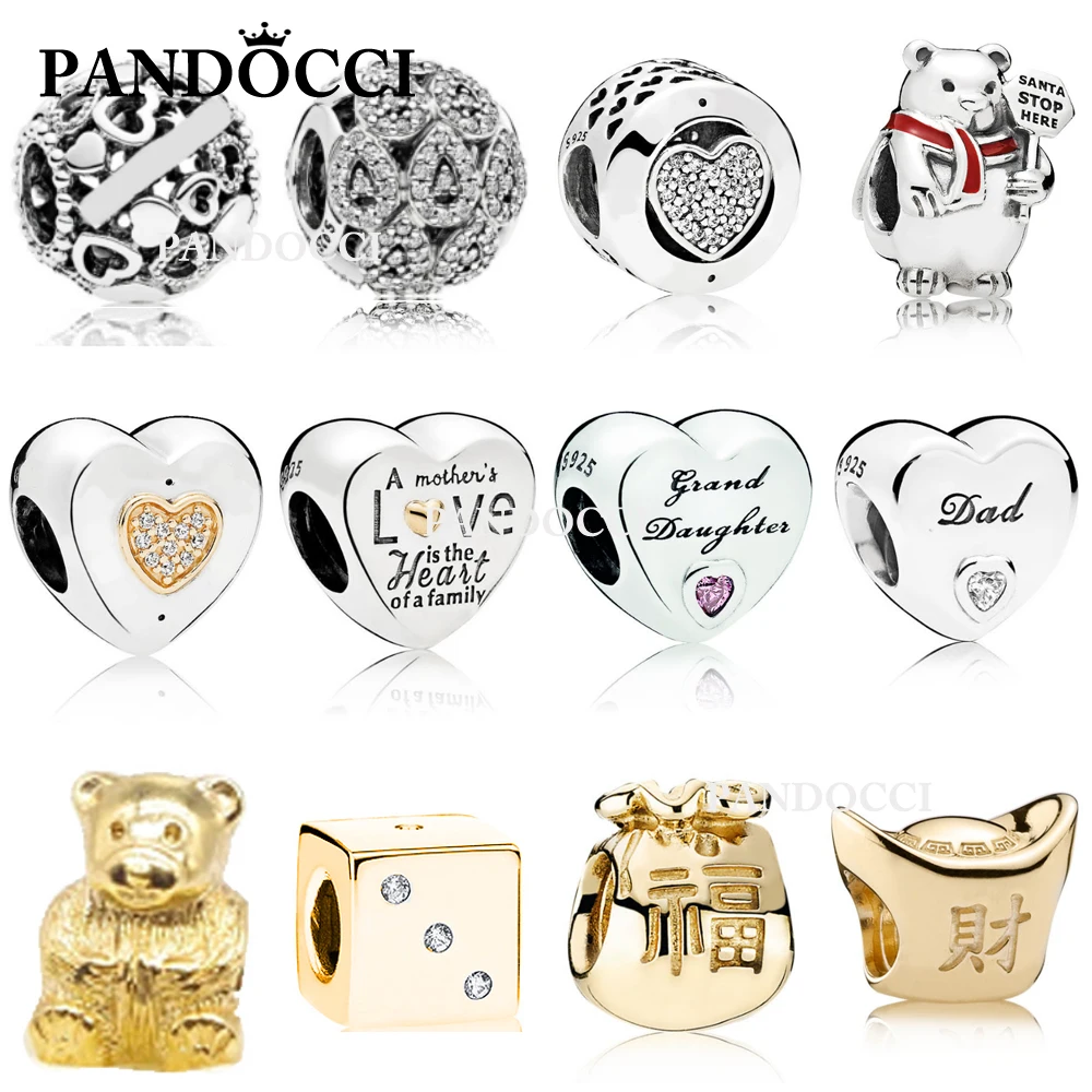 

PANDOCCI New 925 Sterling Silver & gold Charms For Love Dad & Daughter Bead Clear CZ Fit Women Bracelets DIY factory wholesale