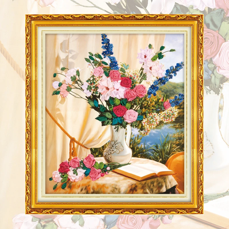 

Ribbon Embroidery Painting,Flower Vase,Color Print,Handmade,Needlework,Cross Stitch Kit,Ribbon Craft,Wall Art,Home Decor,C-0012