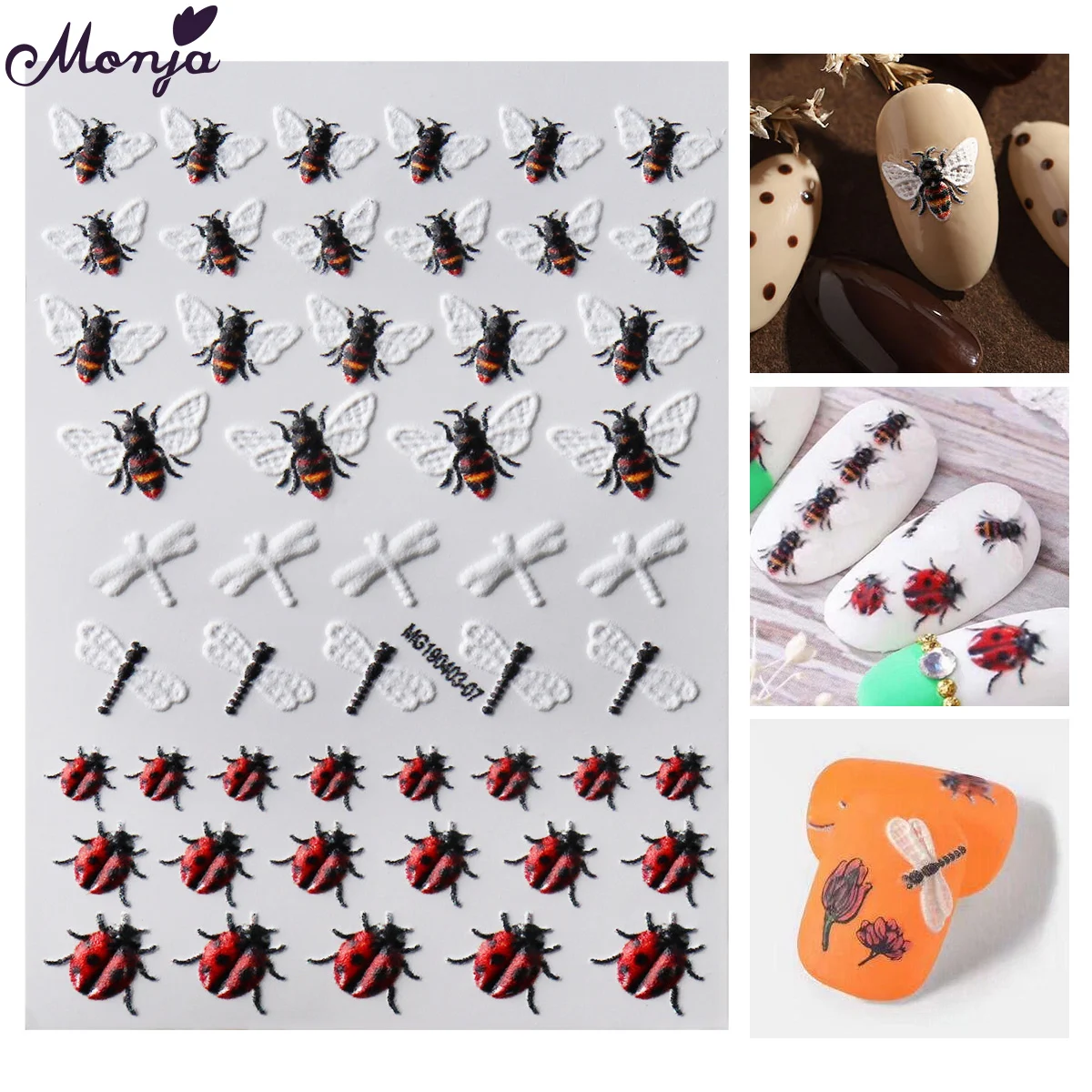 

Monja 1Pc 3D Engraved Animals Nail Art Watermark Sticker Bee Dragonfly Ladybug Design Water Transfer Nail Decals Manicure Tool