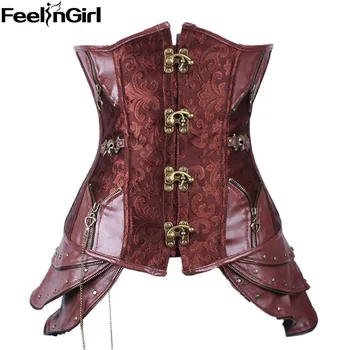 

FeelinGirl Sexy Brown Steampunk Corset Women's Bustiers & Corsets Goth Underbust Cupless Waist Corset Bustier Top S M L XL 2XL C