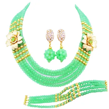 

Fashion Mint Green Crystal Beaded Multi Strands Necklaces Sets Nigerian Wedding African Beads Jewelry Set 5-XSH11