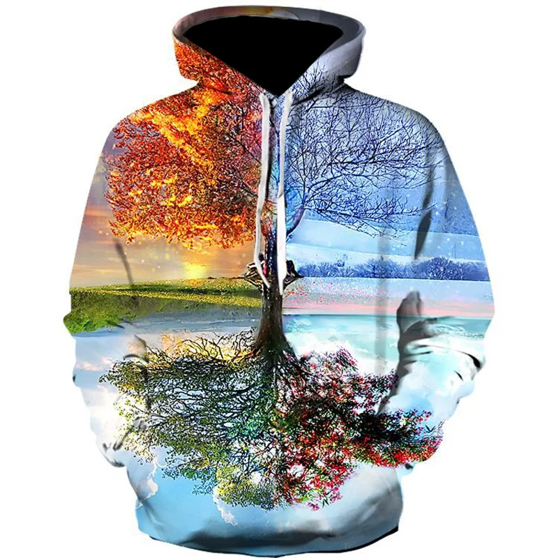 Landscape Tree Printed Funny Men Hoodies Long Sleeve Casual Autumn and