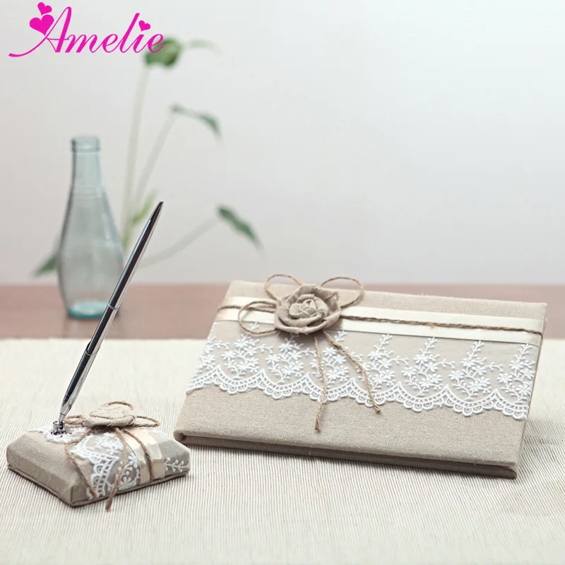 2Pcs/set Lace & Linen Fabric Wedding Guest Book and Pen Set Wedding