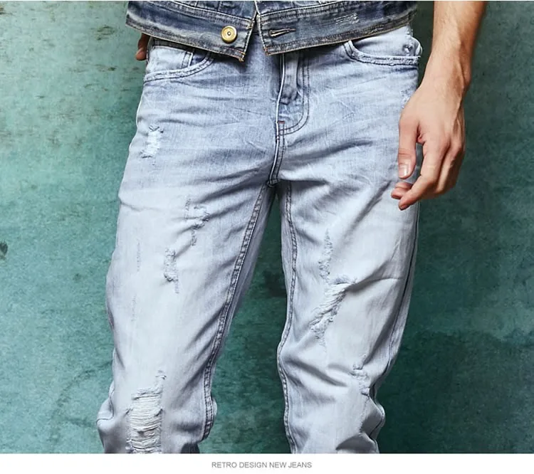 Стиль, узкие прямые джинсы, мужские дизайнерские брендовые рваные джинсы, мужские однотонные повседневные Прямые джинсы, мужские джинсы, светильник, синие джинсы