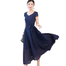 Женские платья на лето элегантный короткий рукав трапециевидной формы шифоновое платье с поясом Мода v-образным вырезом тонкий длинный платье