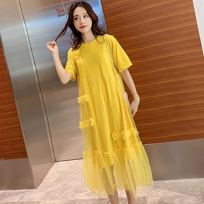 Новое платье для беременных, летнее платье, желтая сетка, платье для беременных женщин, корейская мода, кружевная прошитая юбка для беременных
