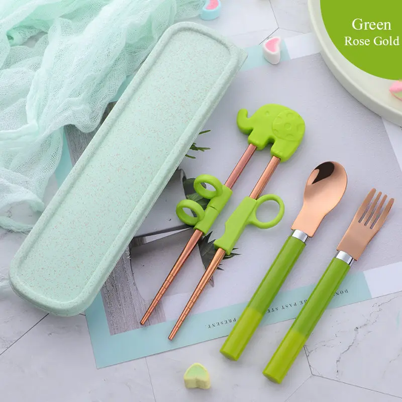 Green-Rose Gold 4 шт./компл. портативный детская посуда милые животные обучения учебные палочки для еды нержавеющая сталь ЛОЖКА ВИЛЫ ребенок Просвещения - Цвет: Green-Rose Gold