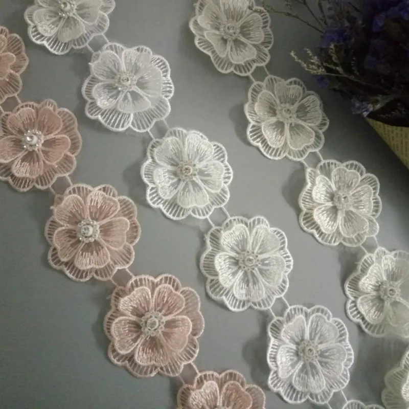 

10x 3D Pearl Beaded Flower Embroidered Lace Edge Trim Ribbon Floral Applique Patches Dress Fabric Sewing Craft Vintage 5.5X5.5cm