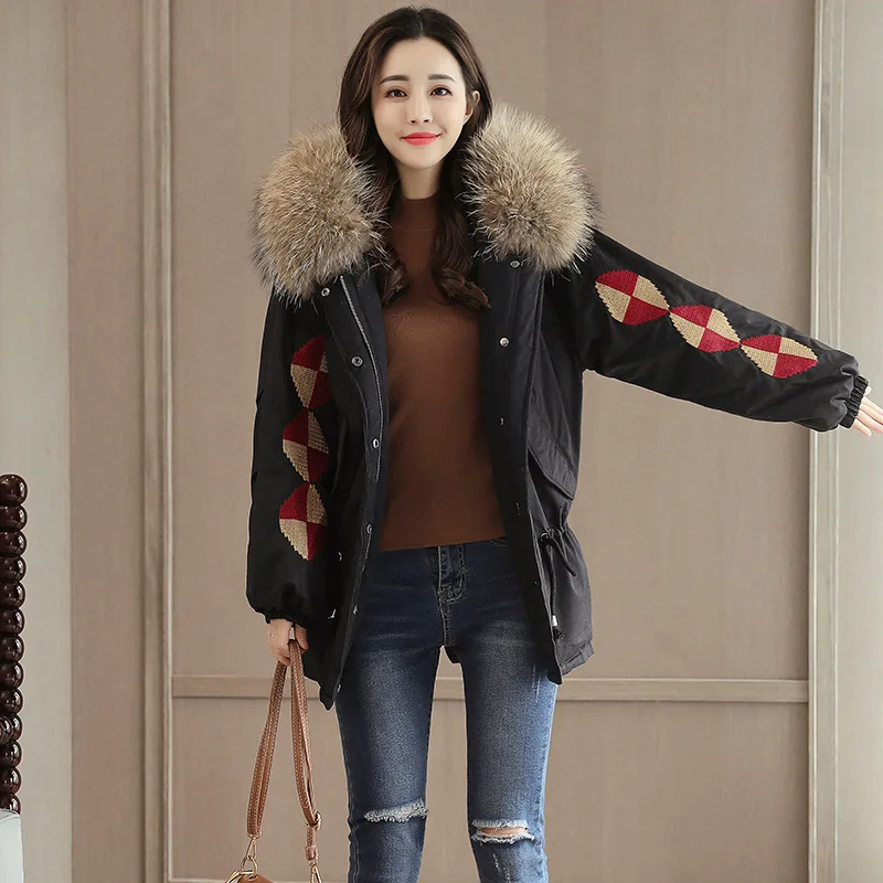 Корейский стиль размера плюс зимняя одежда для женщин студентов с вышивкой толстое теплое Женское пальто с капюшоном винтажное пуховое пальто а348