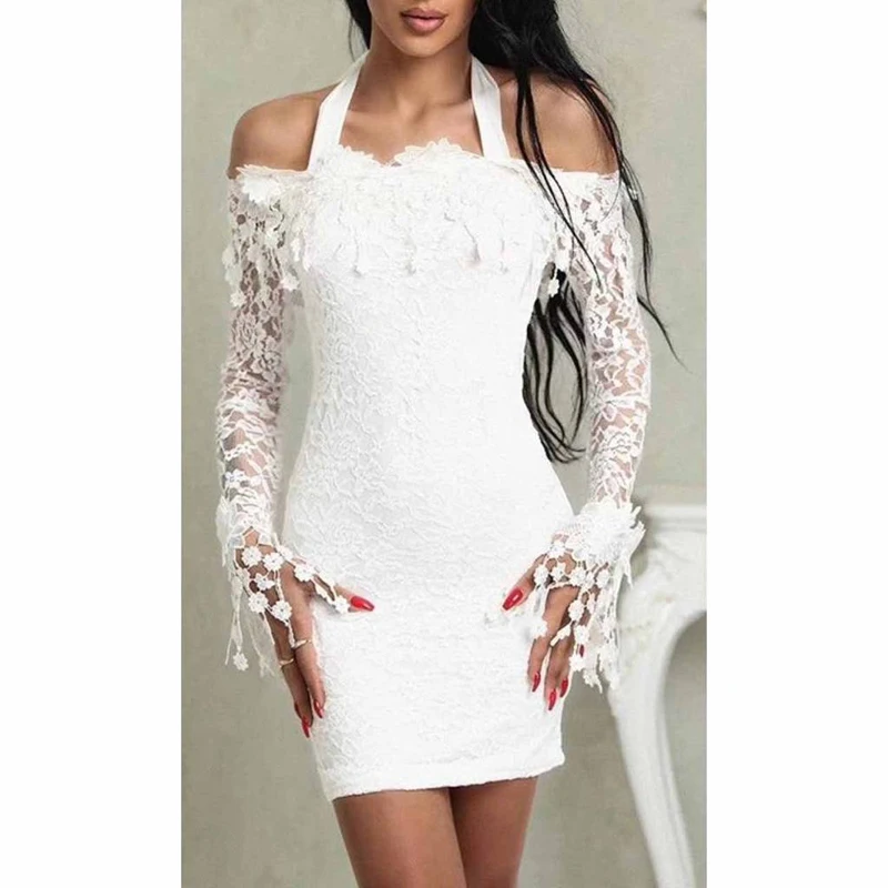 

2019 summer dress new white lace bag hip dress sexy word shoulder lace long sleeve mini dress exclusive design dinner dress S-XL