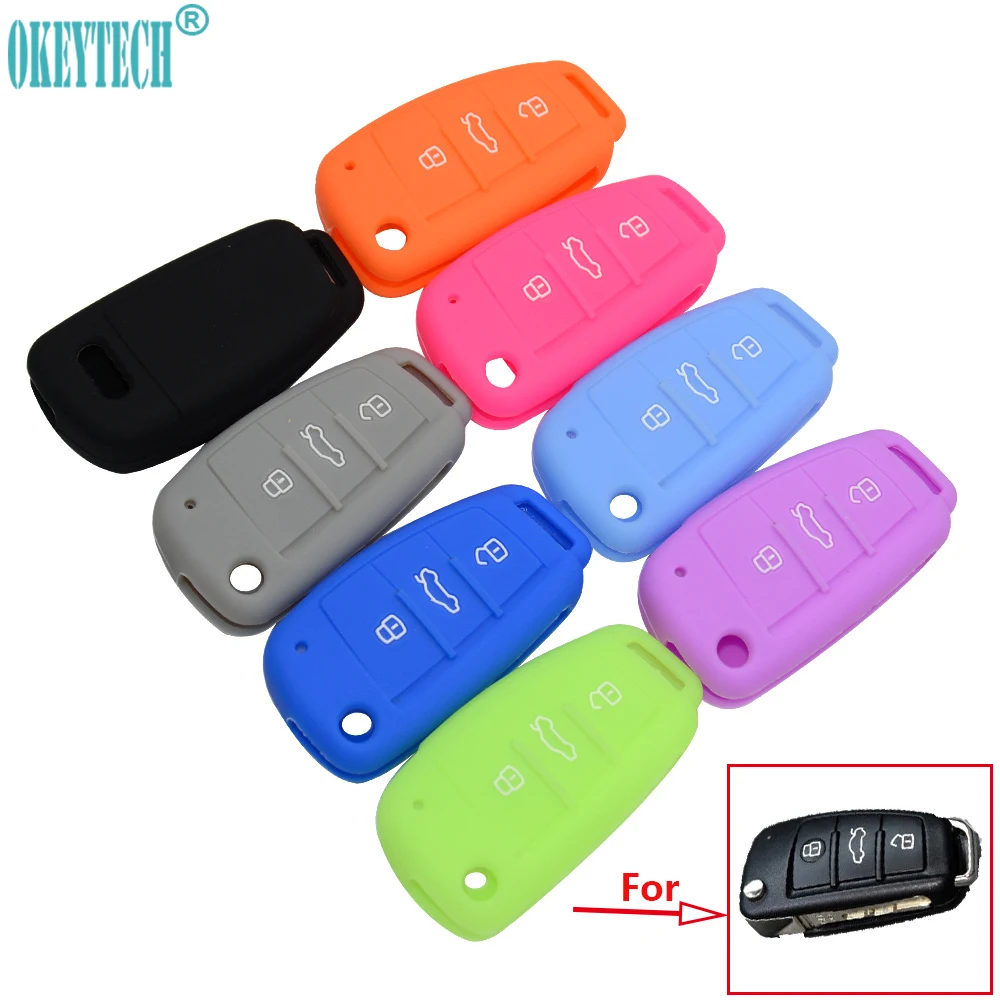 OkeyTech New Silicone Car Key Fob Cover Case Skin 3 Buttons For Audi A1 A2 A3 A4 A5 A6 A7 TT Q3 Q5 Flip Folding Remote Protected