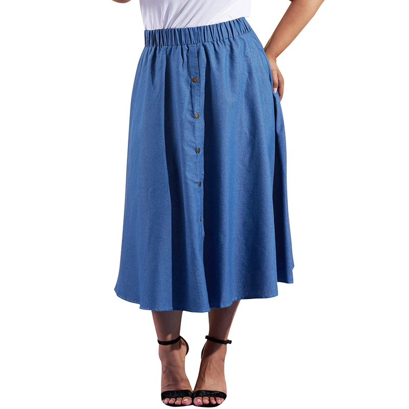 Осенние женские Большие размеры джинсовые юбки чистый цветной эластичный с высокой талией пуговицы А-силуэта джинсы макси юбки женские
