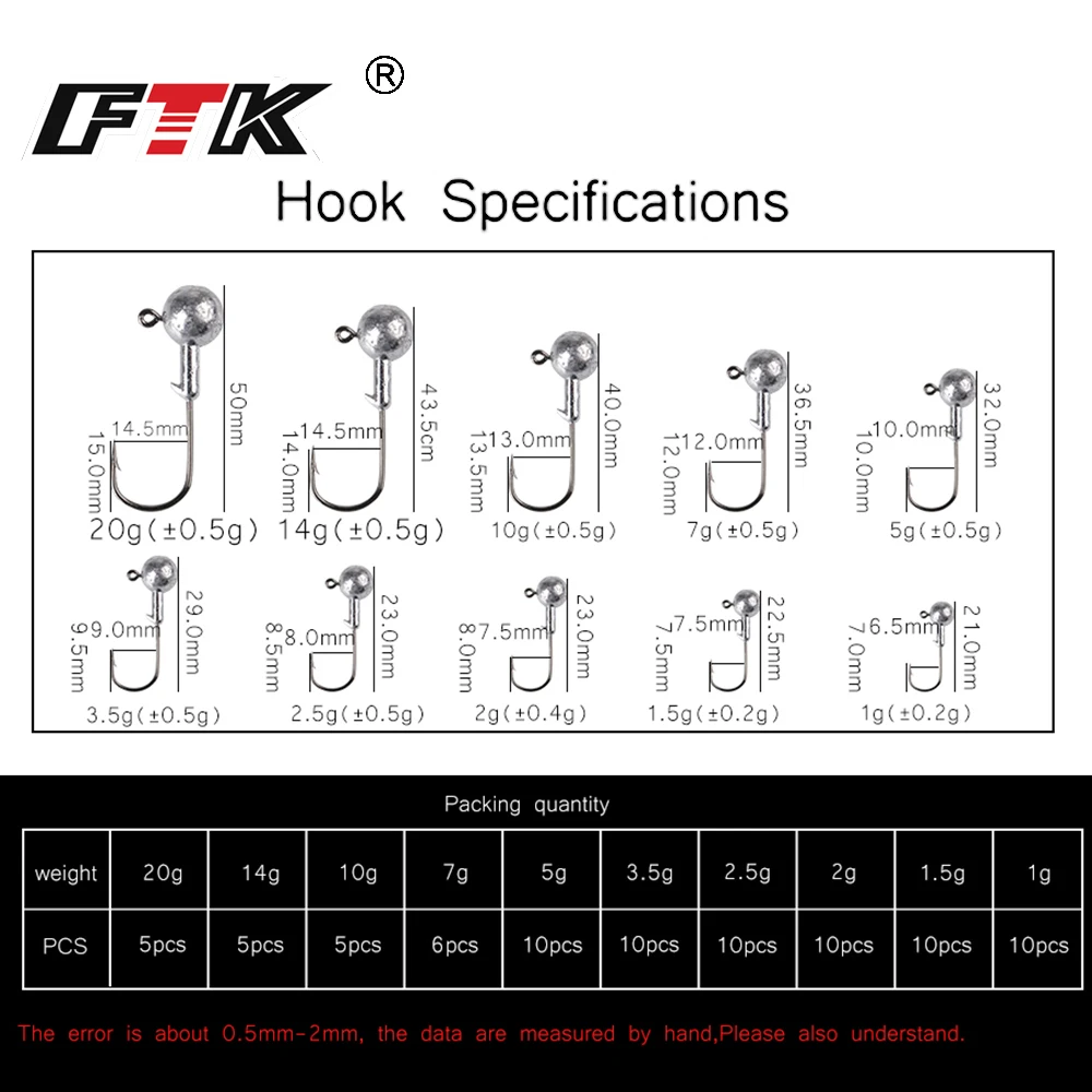 Fishing lure FTK jig head fishing hook for soft shad lure 1.0g/1.5g/2.5g/3.5g/5g/7g/10g/14g/20g strong jigging bait lead lure