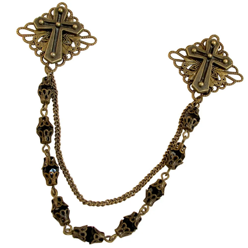 Buy Vintage gothic punk men brooch bronze cross chain crystal tassel brooch
