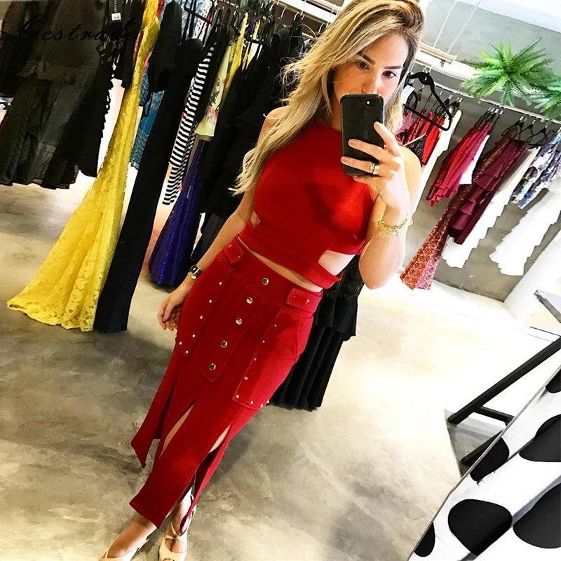 

Ocstrade 2 Piece Dress Women Summer 2019 New Arrival Elegant Red Midi Tasseled Sexy Two Piece Bandage Dress Set