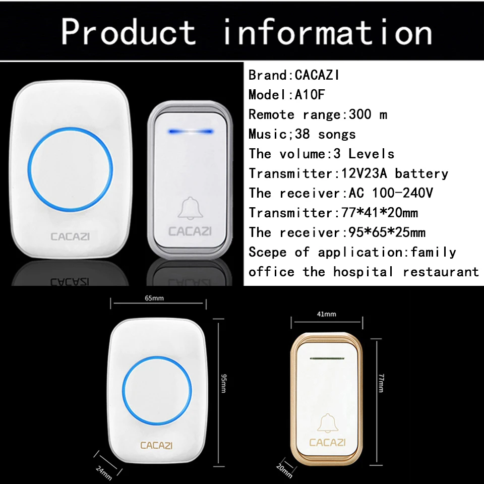Беспроводной водонепроницаемый дверной звонок CACAZI, умный пульт дистанционного управления, 300 м, светодиодный, умный, на батарейках, кнопка вызова, дверной звонок, европейская вилка, 38, звонок, 3 громкости