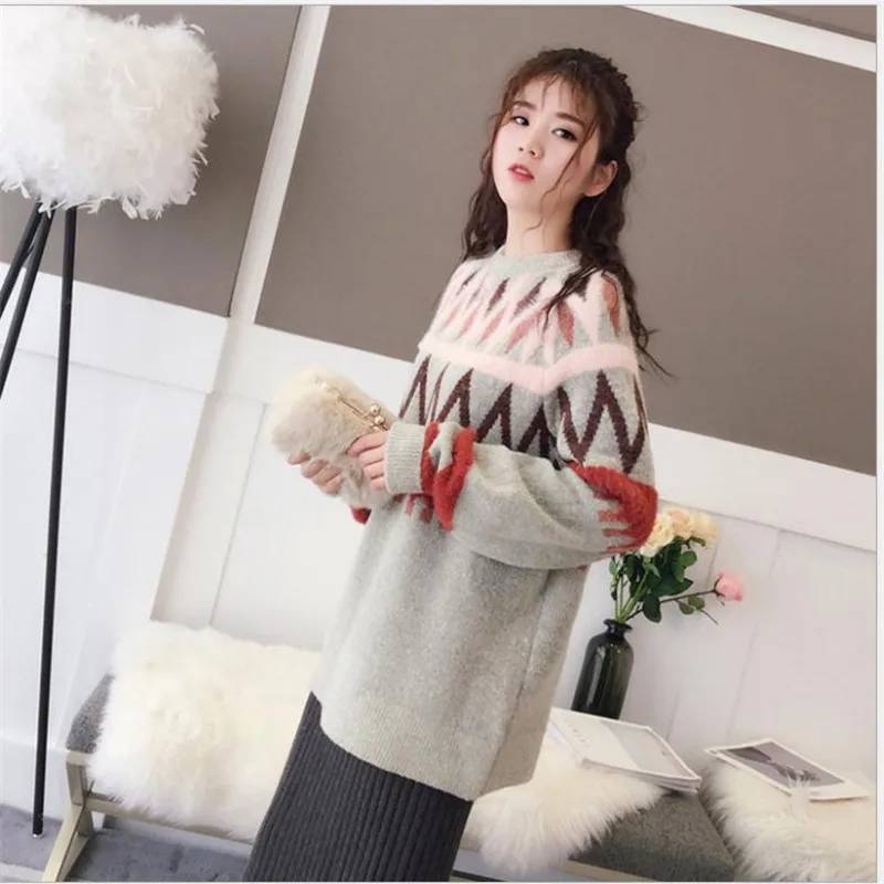 Sweet Winter Autumn Women Sweater Pullovers O-Neck Long Sleeve Loose Female Knitted Tops Jumper Elastic Soft Warm CQ2749 - Color: gray