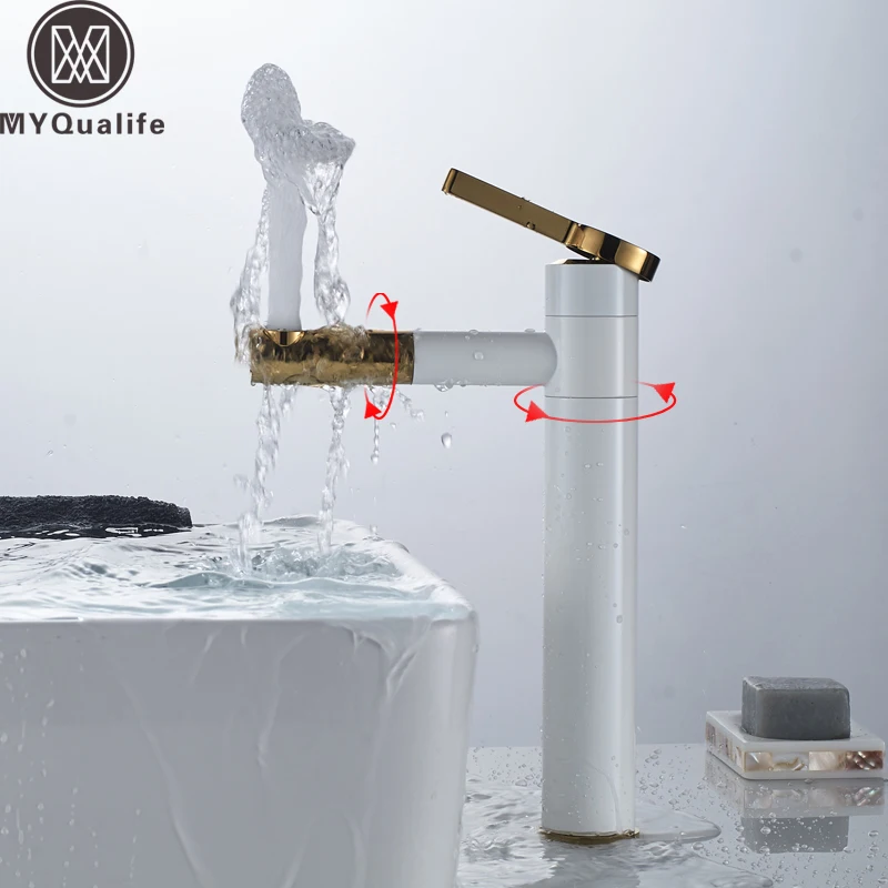 

360 Free Rotating Basin Mixer Tap 360 Degree Rotate Type Basin Faucet White Golden Bathroom Faucets Single Hand Bathroom Tap